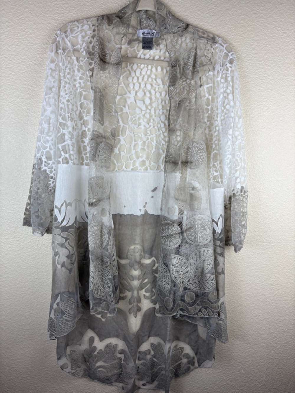 Ania. A Cream Taupe Sheer Multi Media Print Cardigan Duster Overlay Sz L